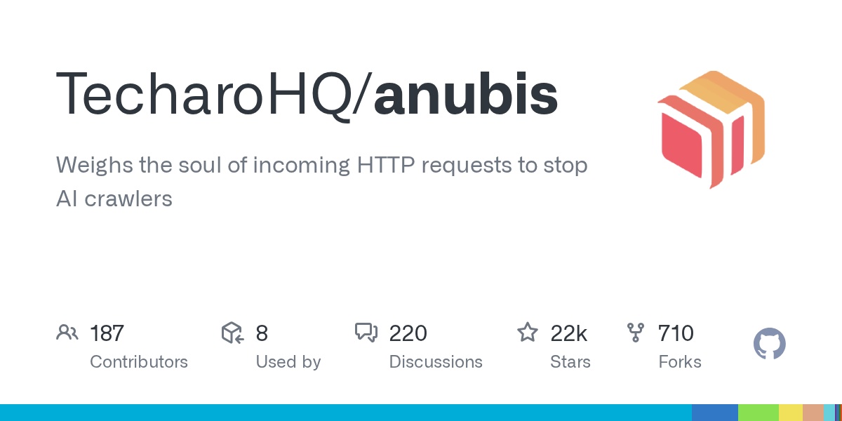 Anubis GitHub 仓库卡片：22k Star 的 AI 爬虫拦截工具