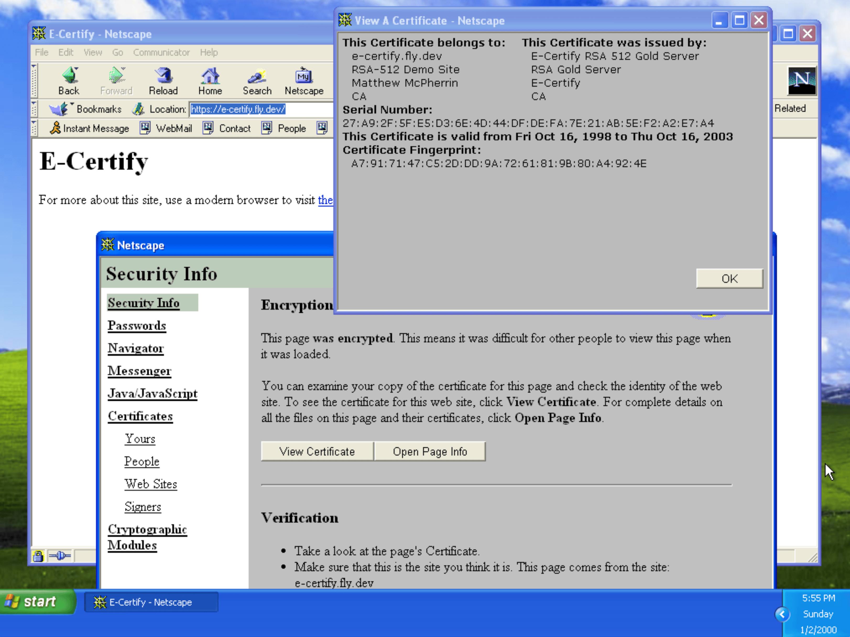  Netscape 4.51 证书查看器中显示由 E-Certify RSA 512 Gold Server 签发的证书