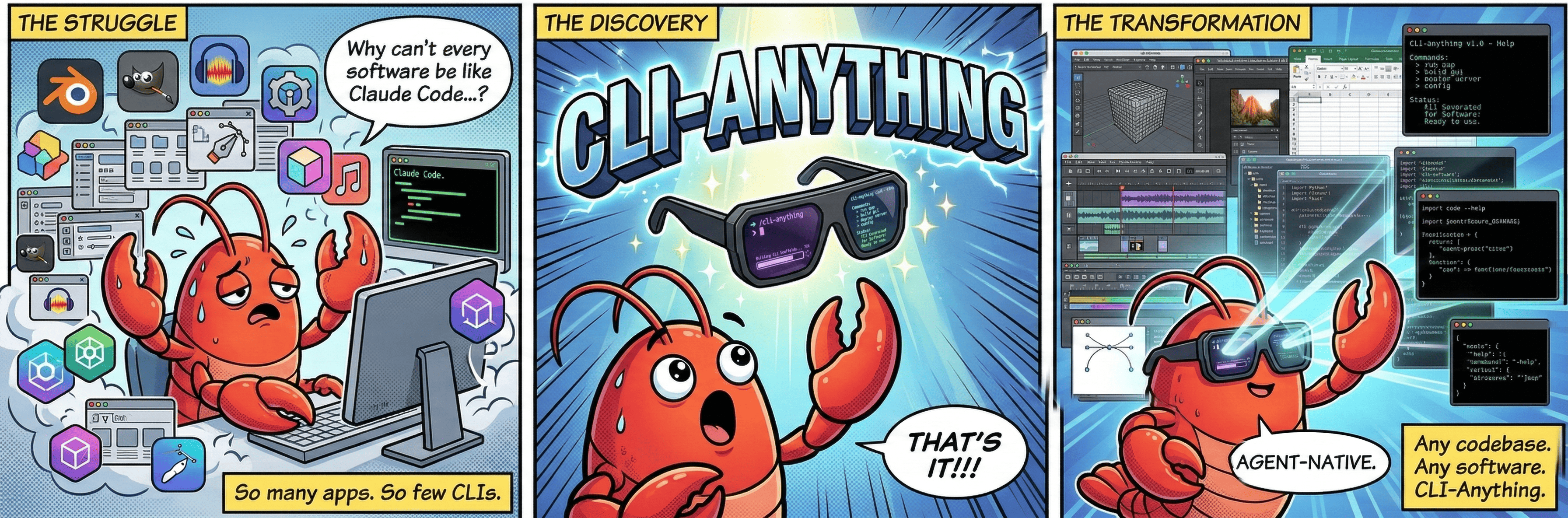 CLI-Anything 官方 teaser：从 GUI 困境到 agent-native 的三格漫画