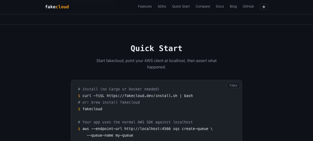 fakecloud 官网 Quick Start 区块