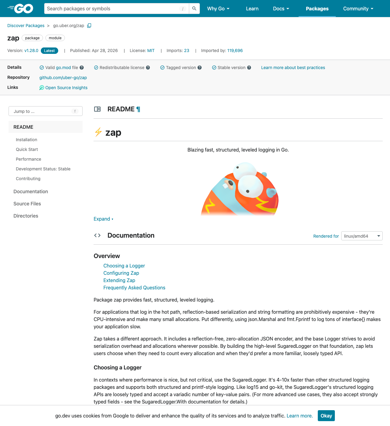 pkg.go.dev 上 go.uber.org/zap 的页面：模块路径与仓库地址分属两个域名