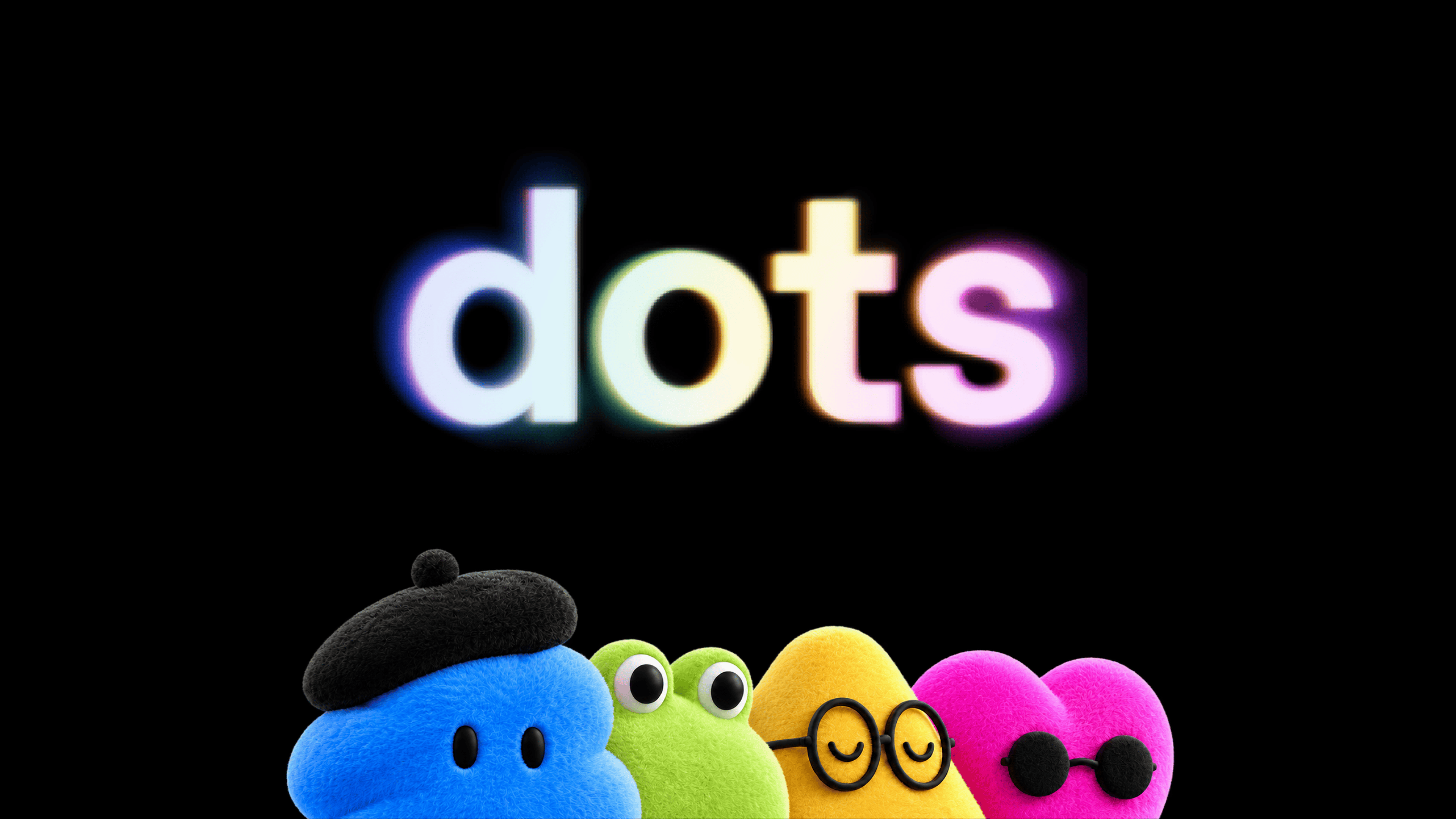 OpenAI Dots 官方艺术卡，四个 Dots 角色与品牌字标
