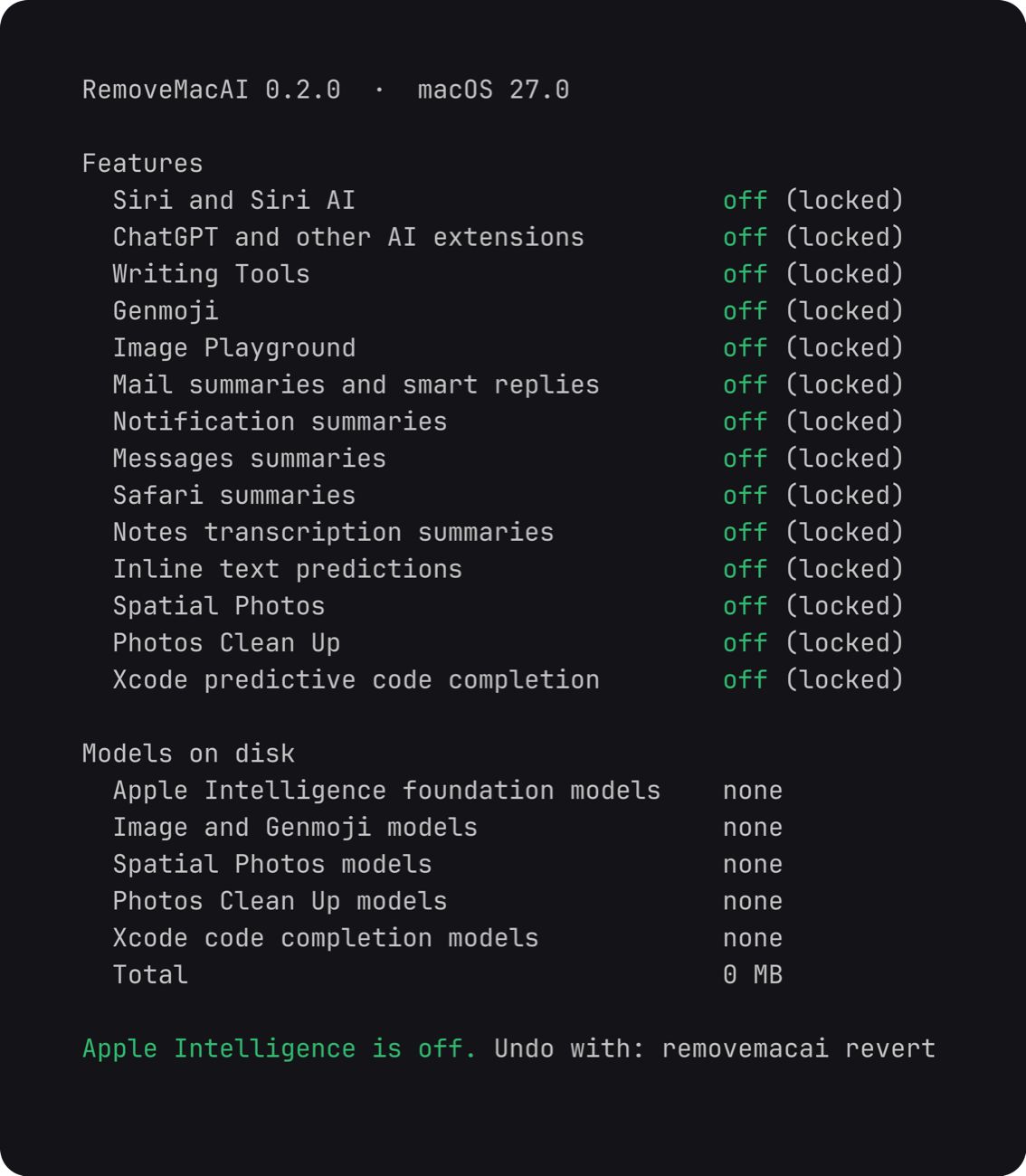 removemacai status 命令输出