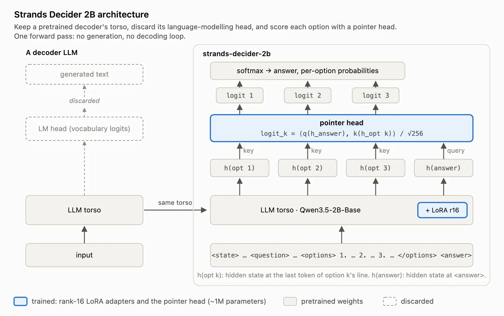 Strands Decider 2B 架构：保留预训练 decoder 的 torso，去掉语言建模头，换上 pointer head（官方架构图）