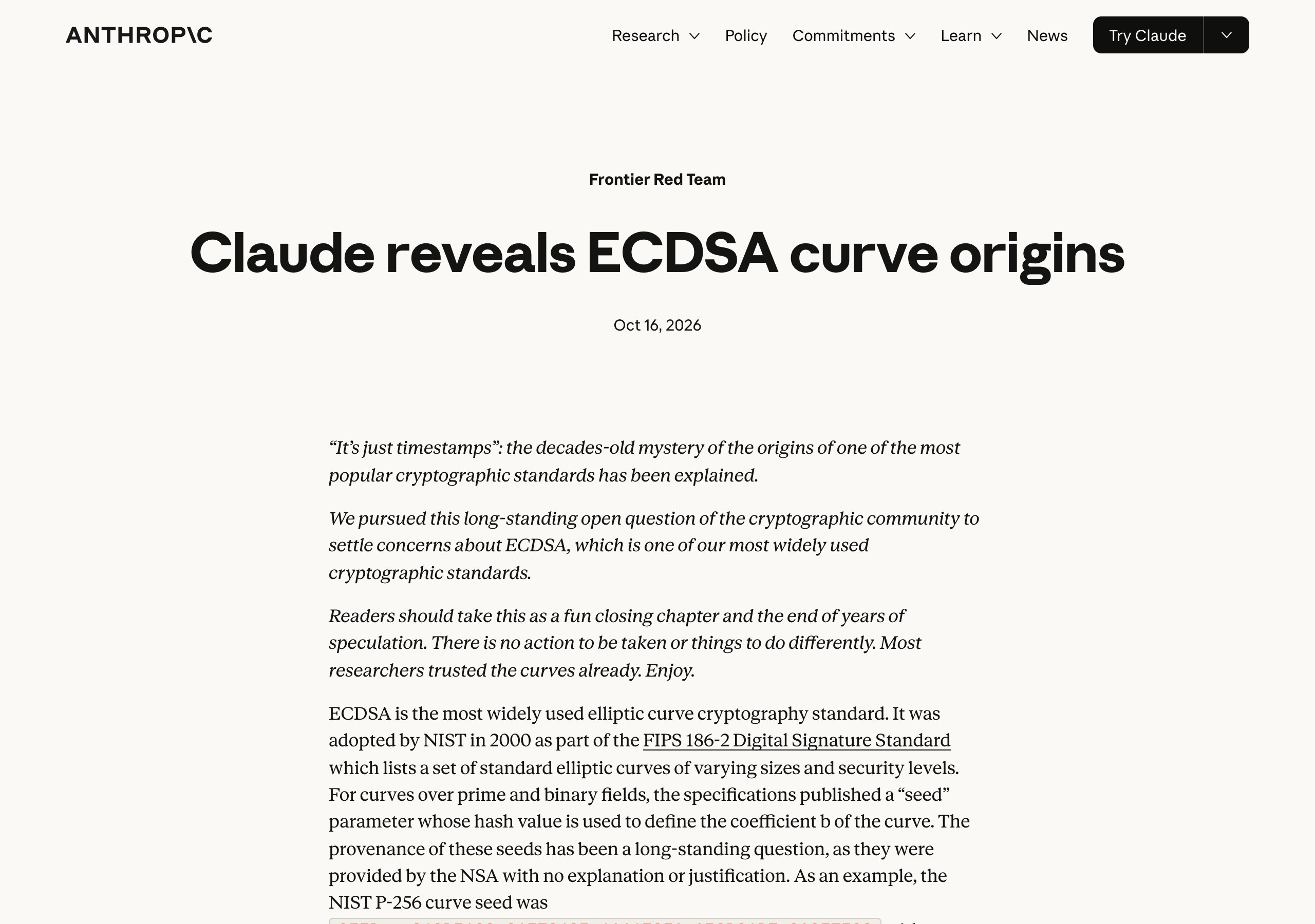 Anthropic 官方研究帖：Claude reveals ECDSA curve origins