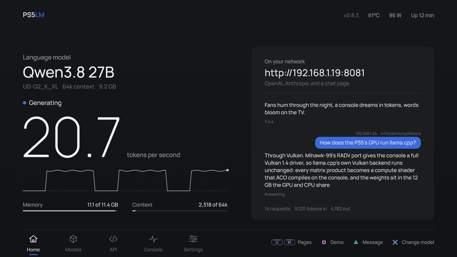 PS5LM 主界面：Qwen3.8 27B 以 20.7 token/秒生成，网络设备通过 OpenAI/Anthropic 兼容 API 调用