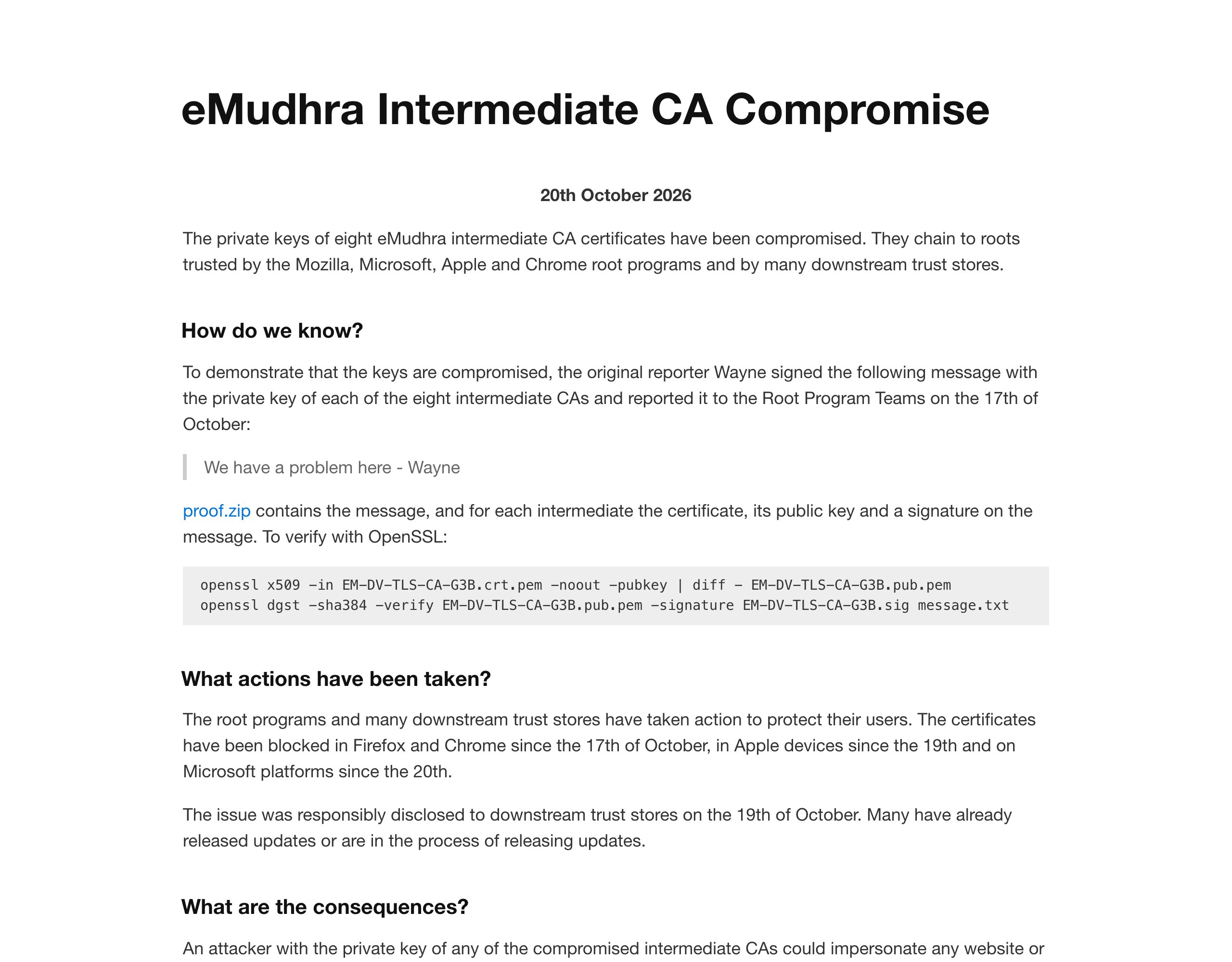 eMudhra 官方披露页：证明消息与 OpenSSL 验证命令