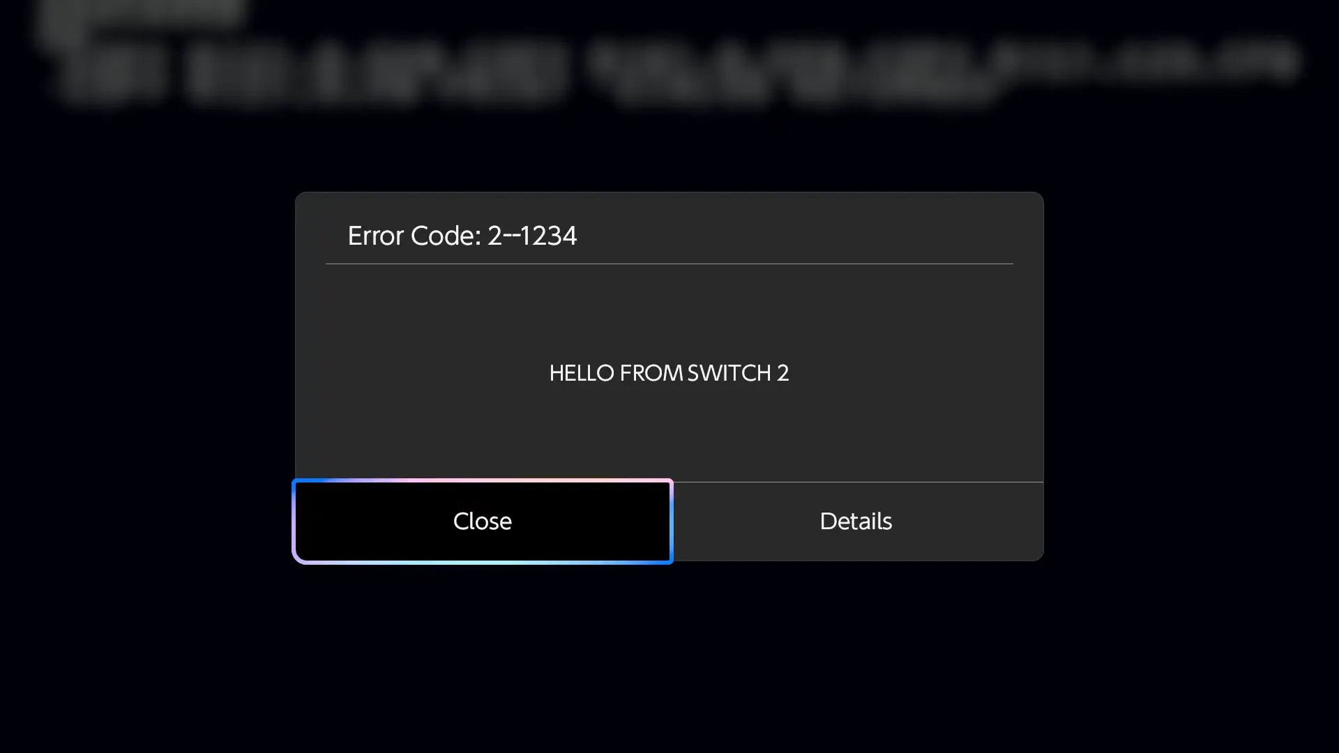 越狱成功的标志：错误对话框里打出 HELLO FROM SWITCH 2