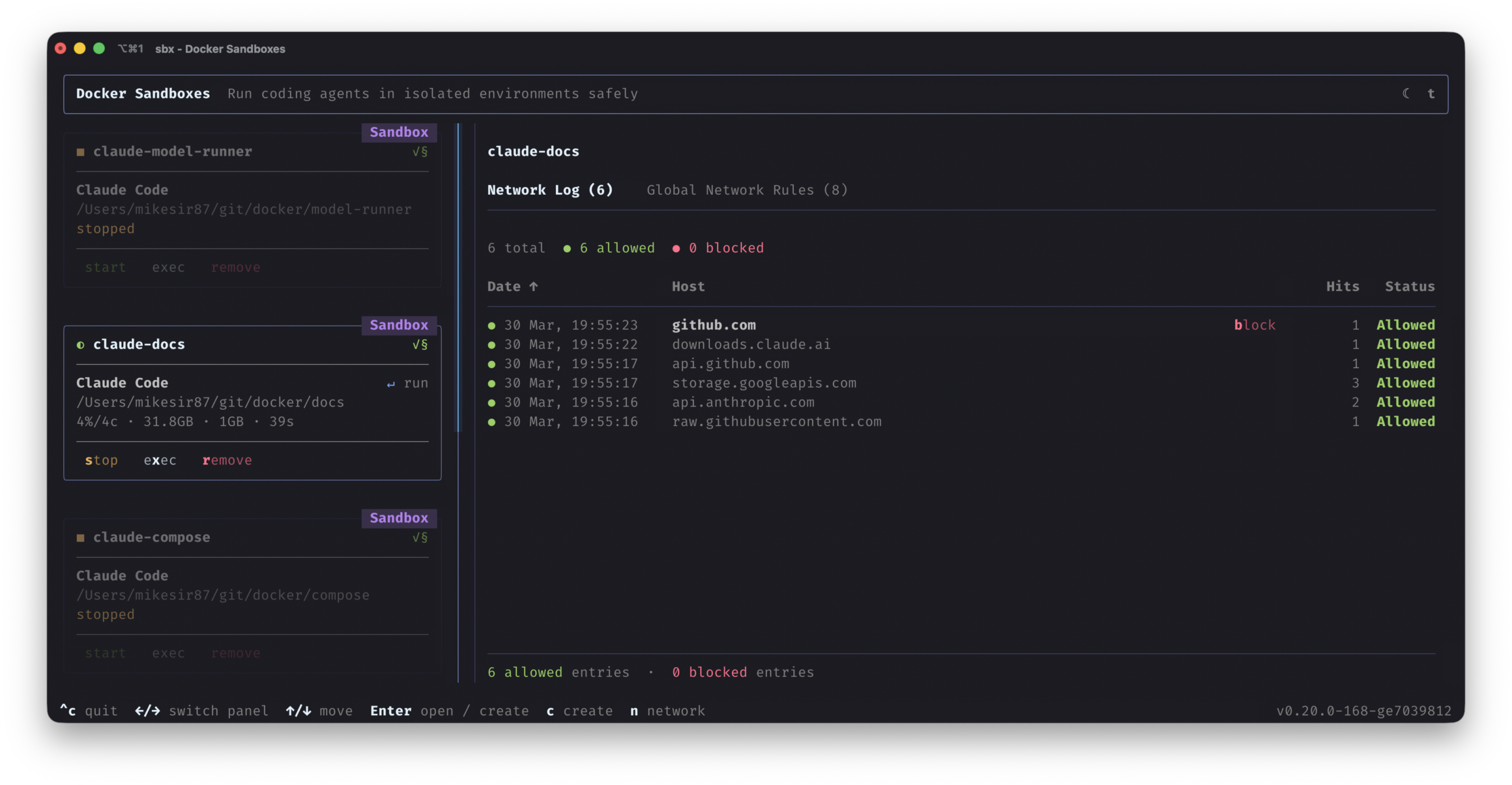Docker Sandboxes 管理界面：展示沙盒列表与网络日志