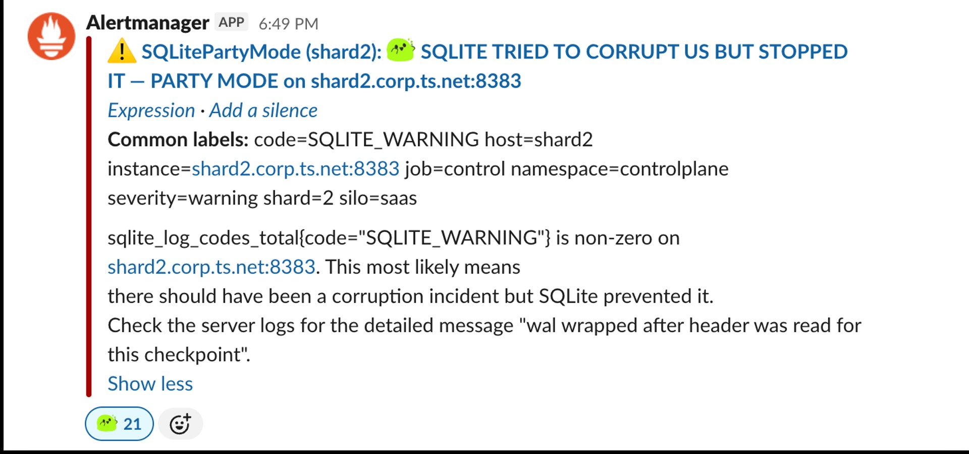 Alertmanager 警报截图：SQLite Party Mode 警告