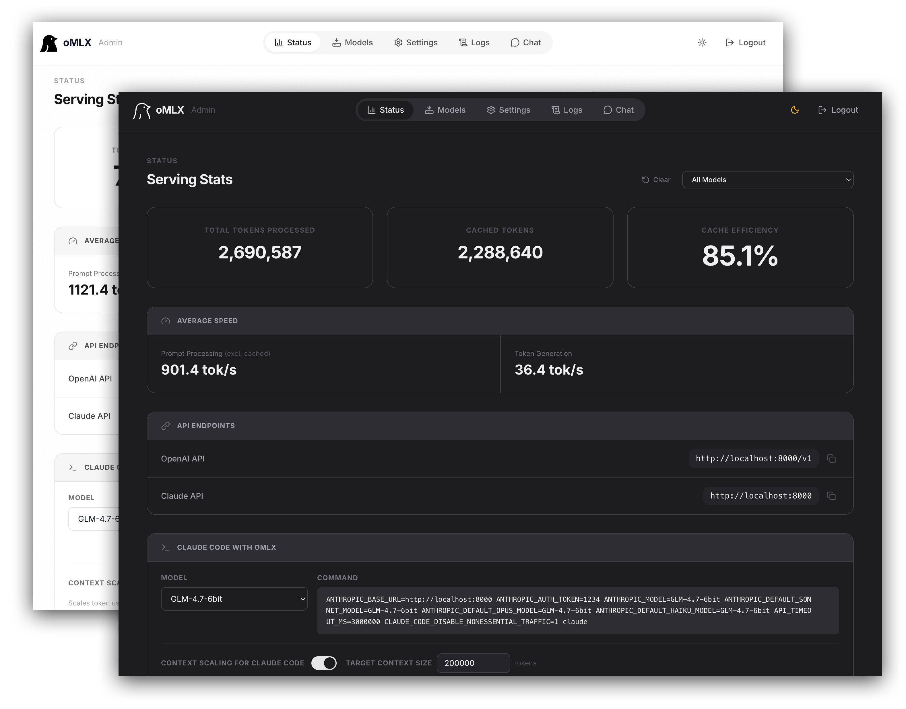 oMLX 管理面板的 Serving Stats 页面，显示缓存效率与 token 吞吐