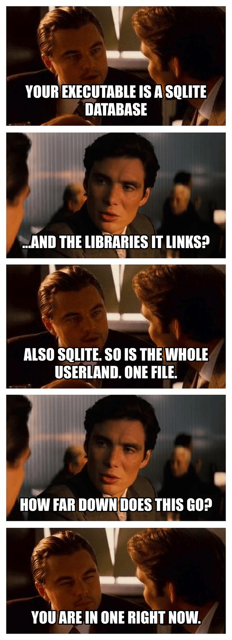 Inception 梗图：你的可执行文件是一个 SQLite 数据库，它链接的库也是，整个 userland 都在一个文件里