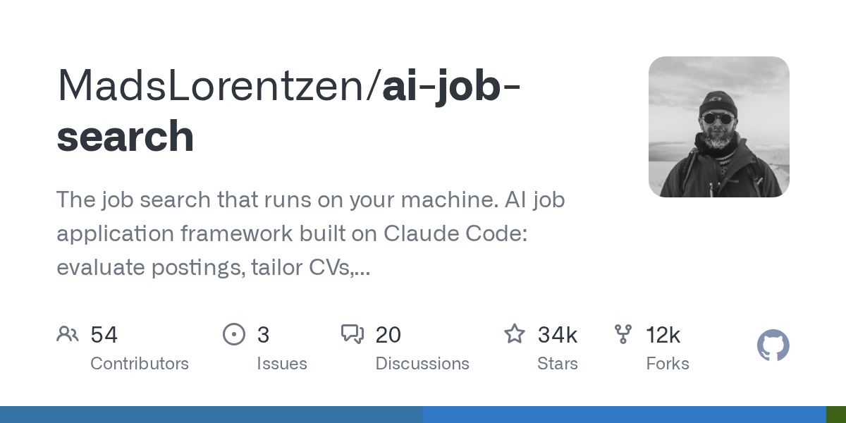 ai-job-search 仓库卡片：34k stars、12k forks、54 位贡献者