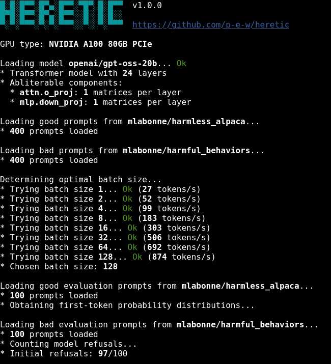 Heretic 终端运行截图：gpt-oss-20b 初始拒绝 97/100