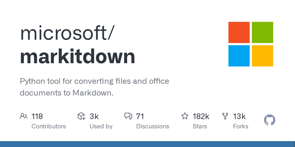 MarkItDown 仓库数据:182k stars、118 位贡献者(GitHub 官方 og 图)