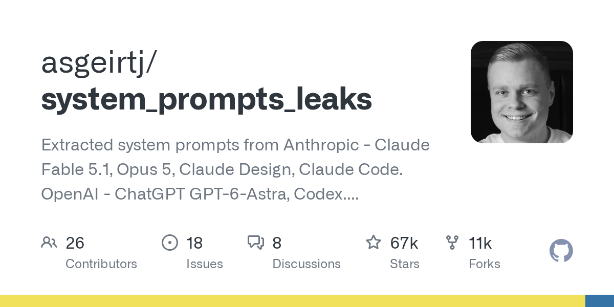 system_prompts_leaks 仓库主页:67k star、26 位贡献者
