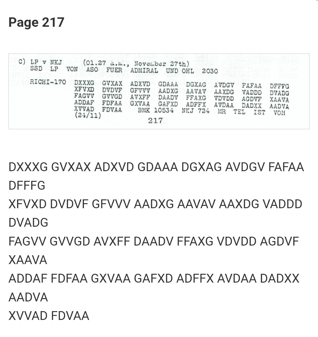 第 217 页:原始密文扫描与转写(Childs《The History and Principles of German Military Ciphers, 1914–1918》,prinz 复盘文章配图)