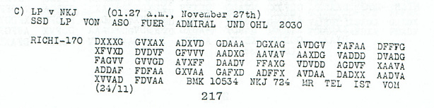 第 217 页的原始密文条目:01.27 a.m., November 27th,发给 Admiral 与 OHL(prinz 复盘文章配图)