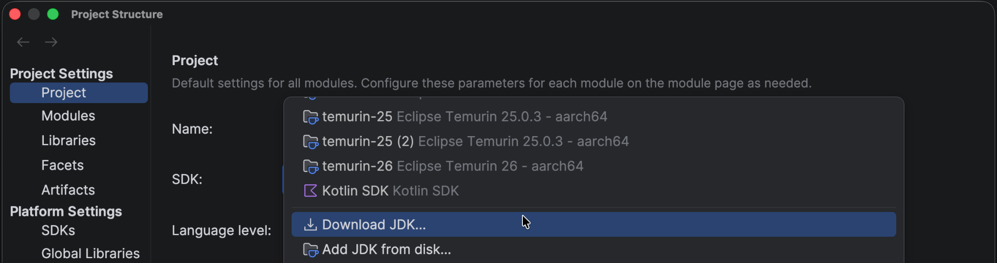 IntelliJ IDEA 的 Download JDK 菜单