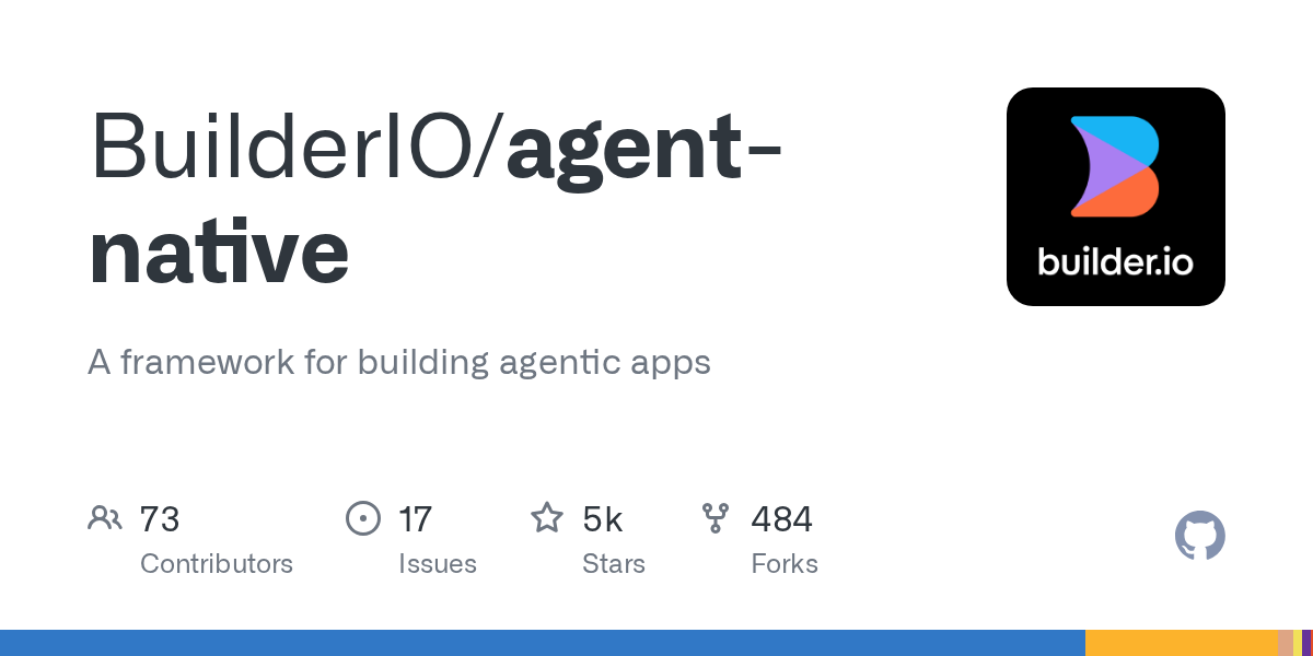 BuilderIO/agent-native 仓库卡片:5k Stars / 484 Forks / 73 Contributors