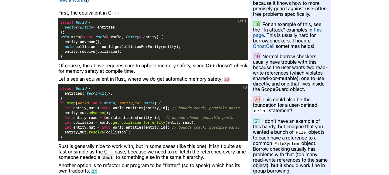 官方文章页:同一个 step 函数的 C++ 与 Rust 版本对比,Rust 版三处重新索引各自带边界检查