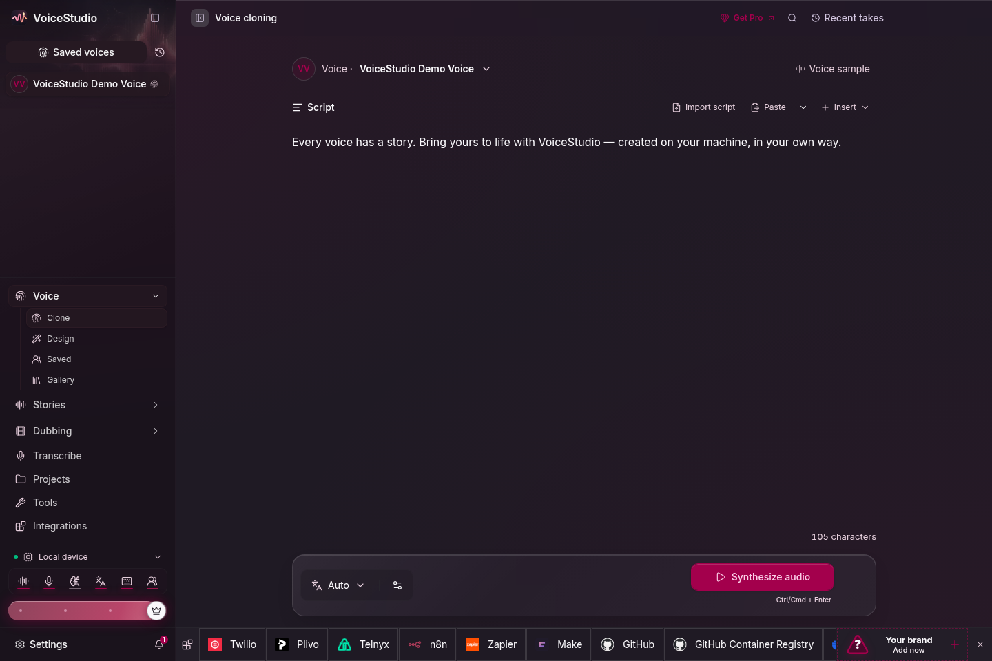 VoiceStudio 语音克隆工作区:选择声音、输入脚本、一键合成
