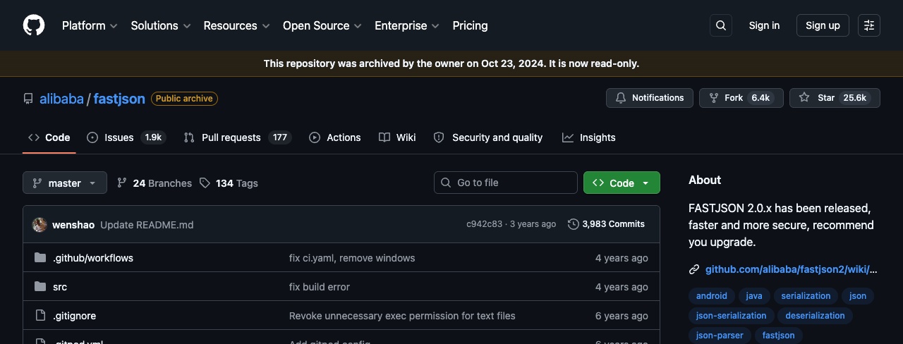 Fastjson GitHub 仓库已于 2024 年 10 月归档