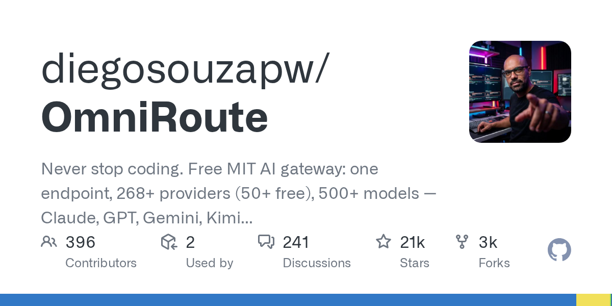 OmniRoute GitHub 仓库截图,显示项目概览和关键数据