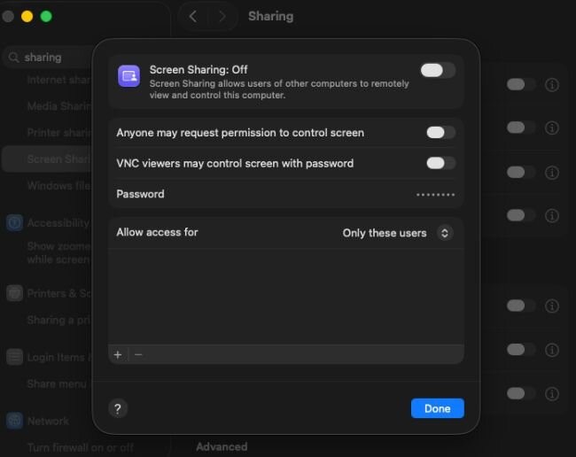 macOS Screen Sharing 设置界面
