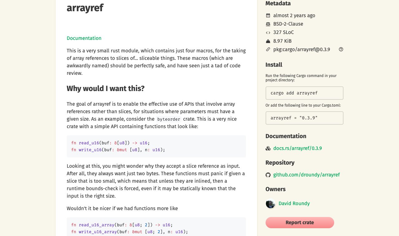 arrayref 在 crates.io 的页面,事件清理后 0.3.9 恢复为最新版本