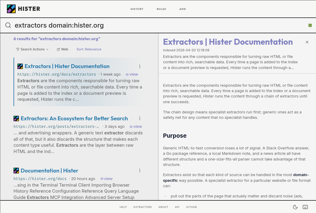 Hister 网页界面:搜索结果与文档详情