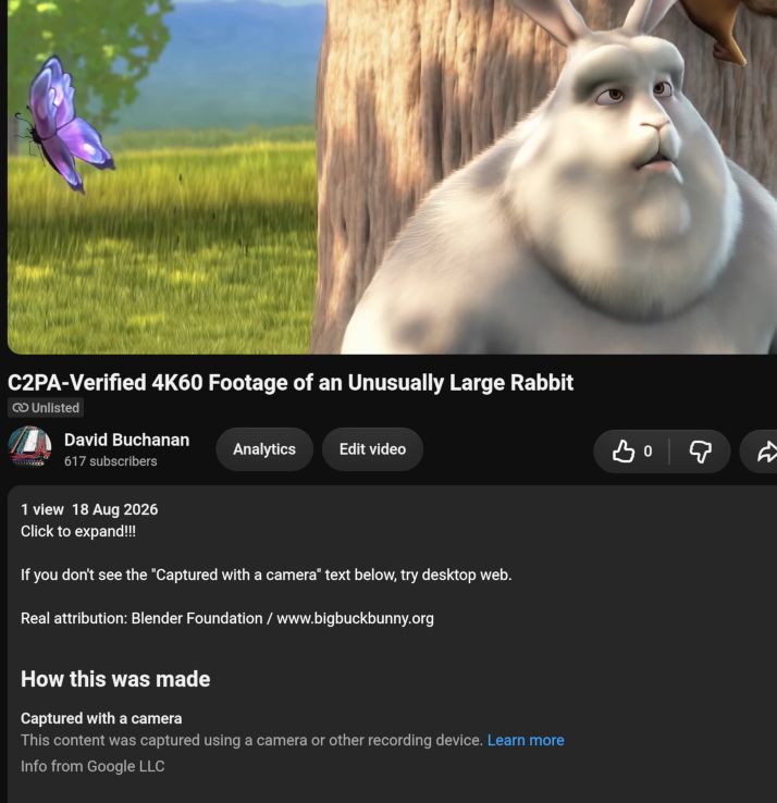 Root-My-Pixel 的 YouTube PoC:开源动画 Big Buck Bunny 被 C2PA 标记为相机拍摄