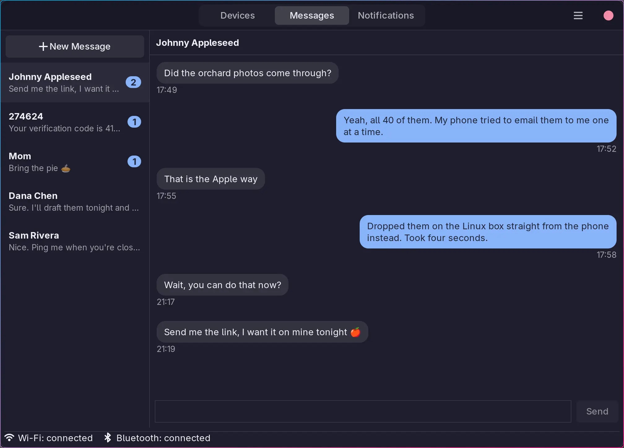 Tether 的消息界面:Linux 桌面上直接收发 iMessage 和短信