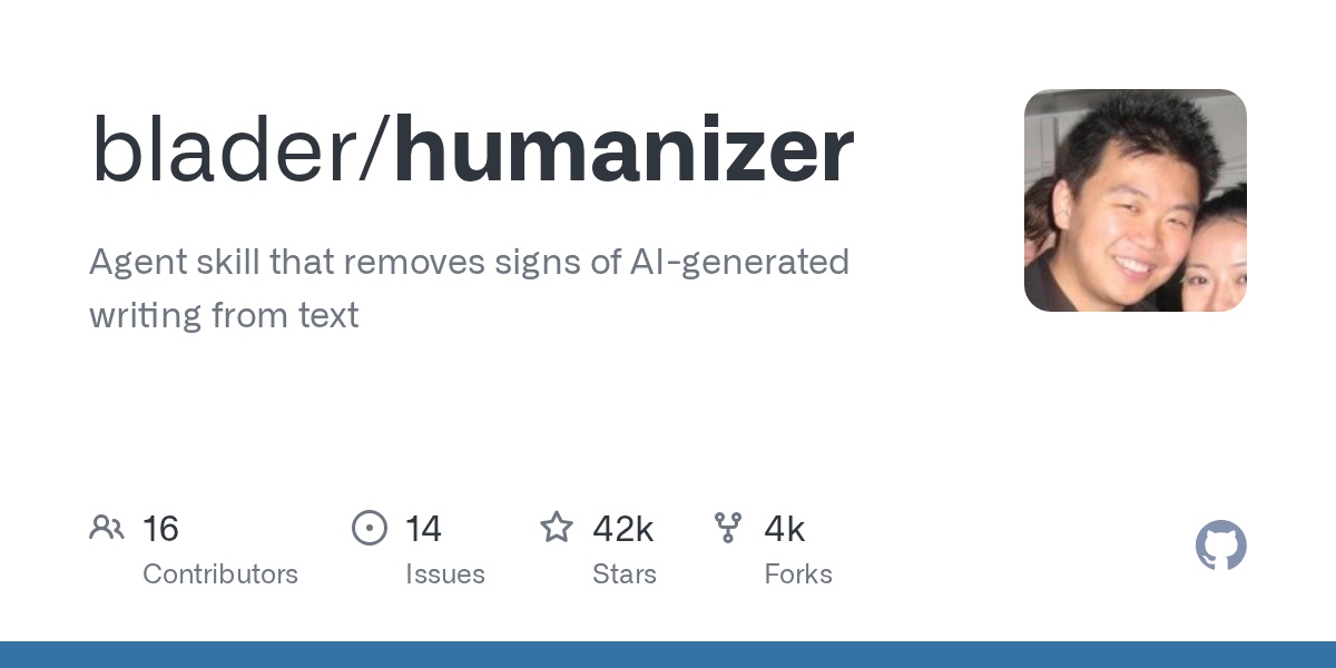 blader/humanizer GitHub 仓库卡片:42k Stars
